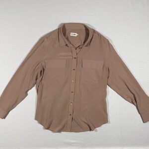 R Label 100% Silk Blouse Blush Pink Tan Long Sleeve Button Up Pocket Shirt XL